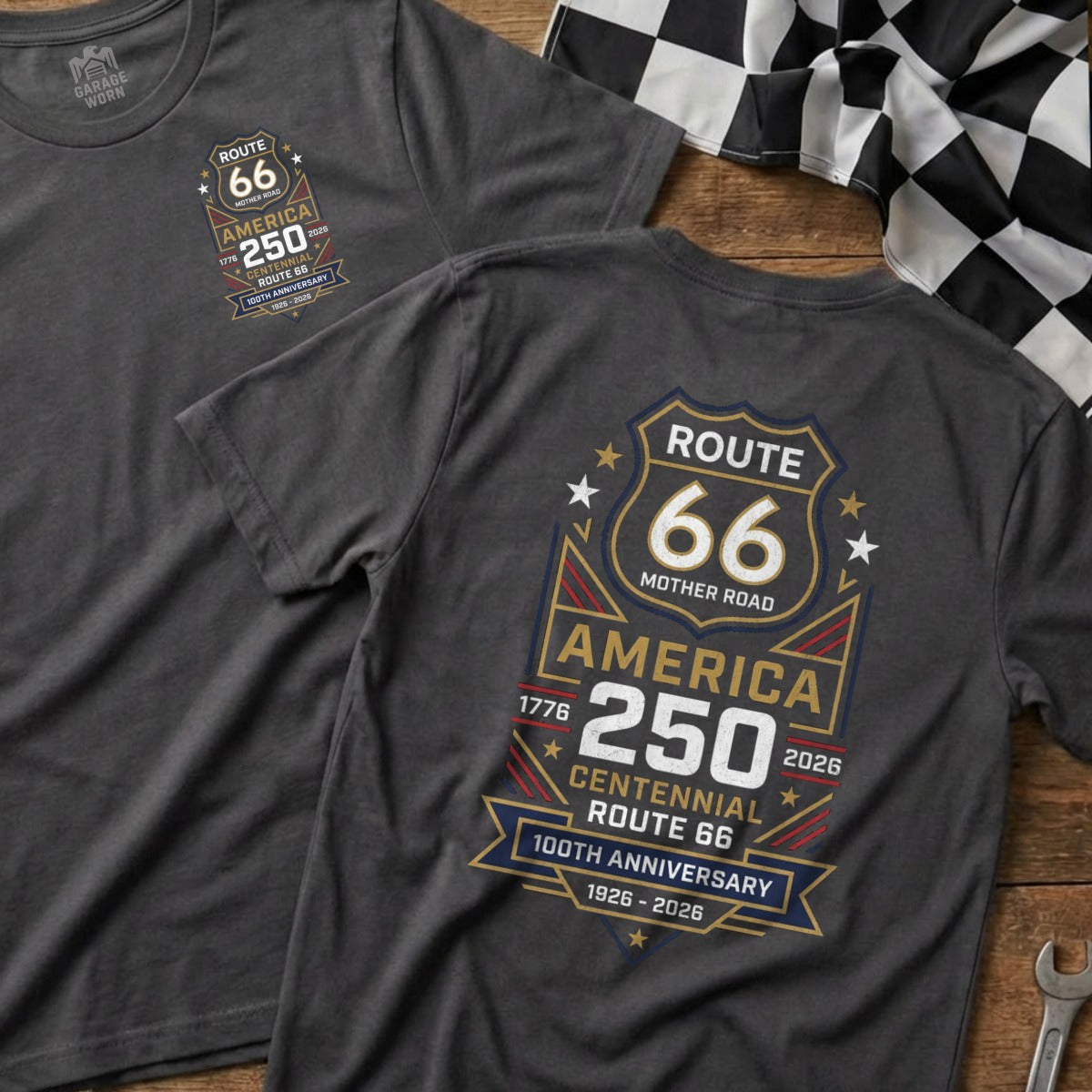 Dark gray t-shirt with Route 66 centennial anniversary design.