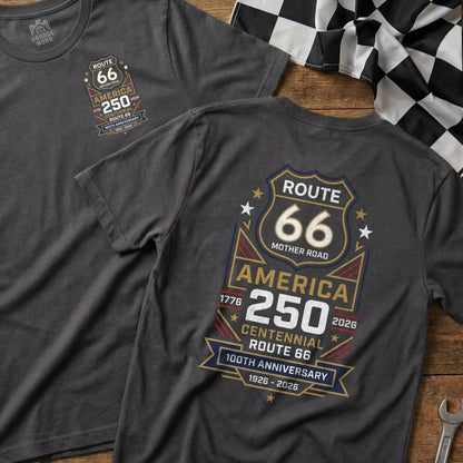 Dark gray t-shirt with Route 66 centennial anniversary design.