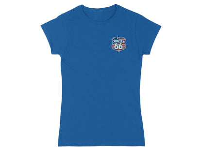 Blue t-shirt with Route 66 shield logo and American flag design on left chest.