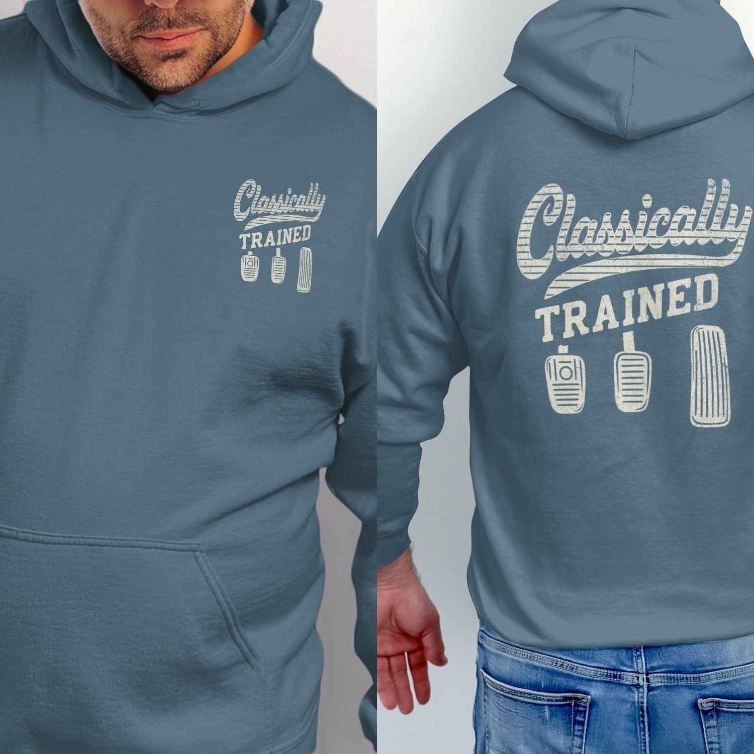 Blue hoodie with "Classically TRAINED" and three pedal graphics.