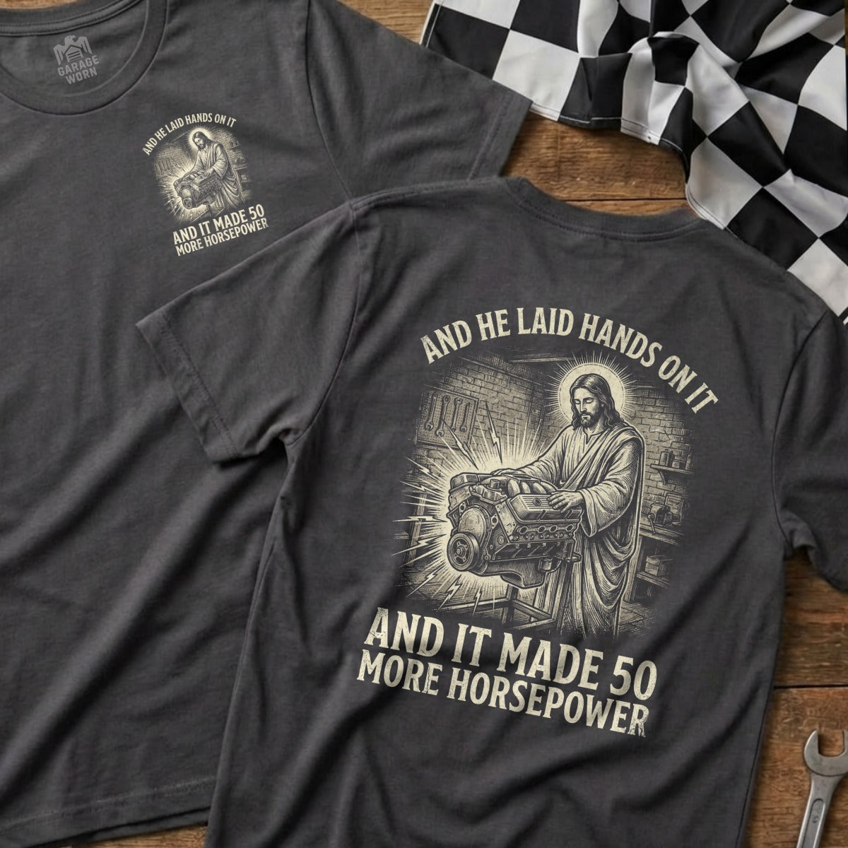 Jesus working on an engine with "And he laid hands on it and it made 50 more horsepower" text.