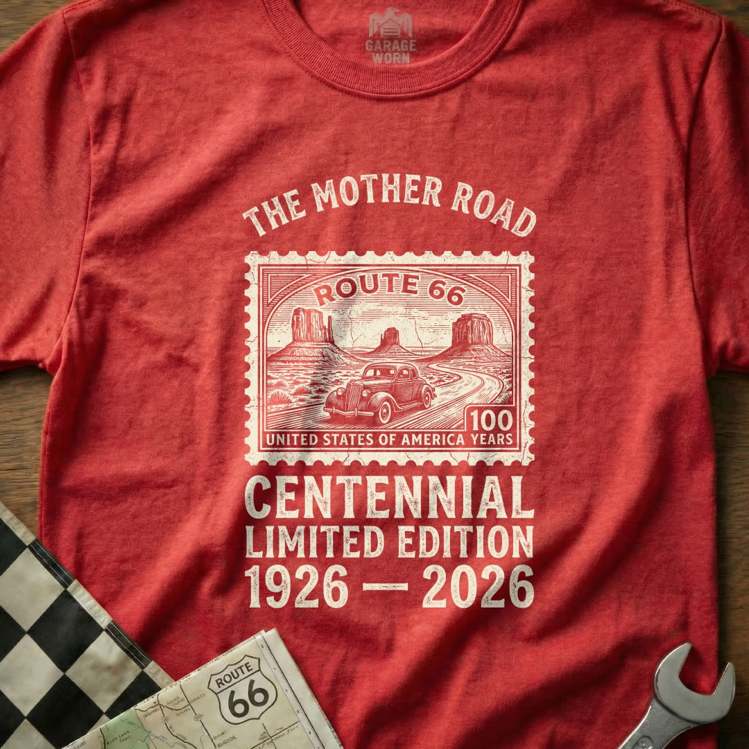 Red t-shirt with Route 66 Centennial Limited Edition design.