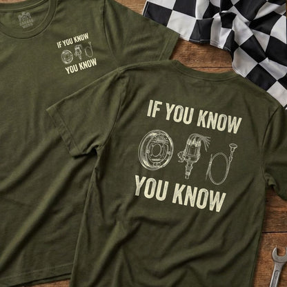 Olive green t-shirt with "If You Know You Know" and car part illustrations.
