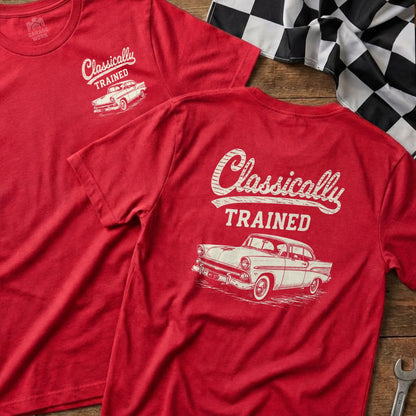 Two red t-shirts display "Classically TRAINED" and a vintage car graphic.