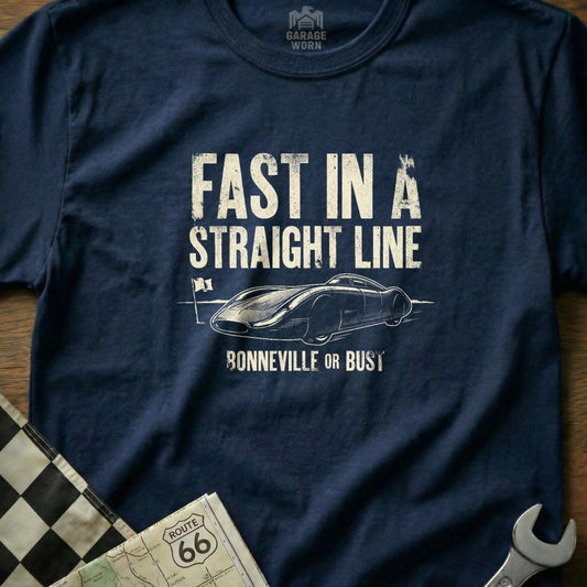 Navy t-shirt with "Fast in a Straight Line, Bonneville or Bust" text and a car graphic.