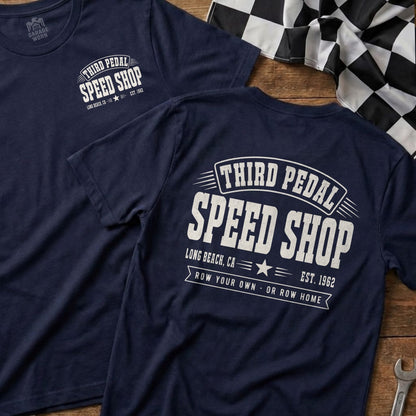 Navy t-shirts with "Third Pedal Speed Shop Long Beach, CA Est. 1962" text.
