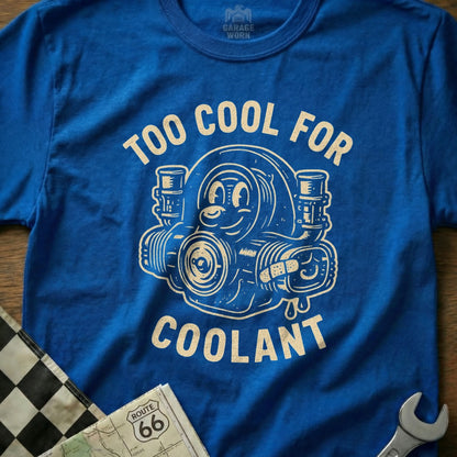 Blue t-shirt with cartoon turbocharger and text "TOO COOL FOR COOLANT".