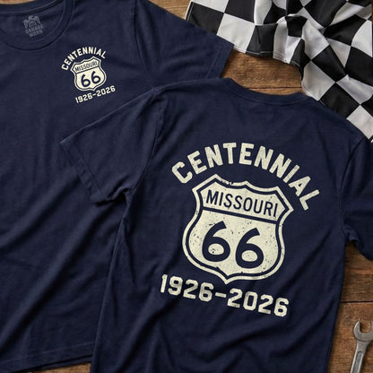 Navy t-shirt with "Centennial Missouri 66 1926-2026" graphic on back.