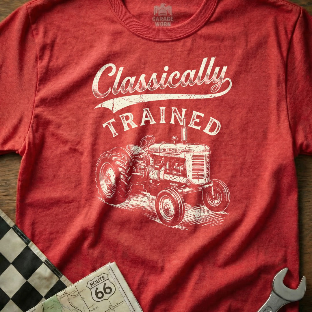 Red t-shirt with "Classically TRAINED" text and a vintage tractor graphic.