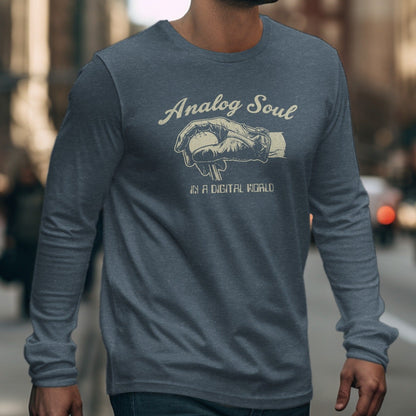 Gray long-sleeve shirt with "Analog Soul IN A DIGITAL WORLD" graphic.
