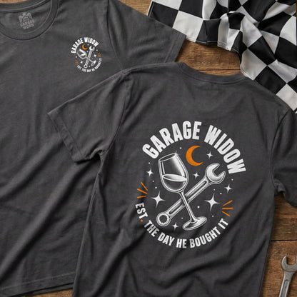 Dark gray t-shirt with "Garage Widow" text, a wine glass, and a wrench graphic.