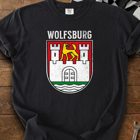 Black t-shirt with Wolfsburg coat of arms featuring a wolf and castle.