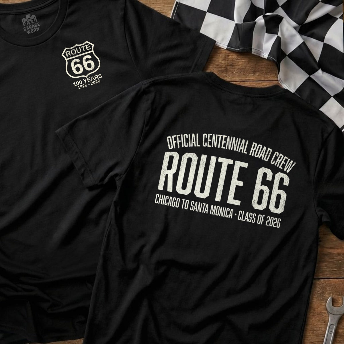 Black t-shirt with Route 66 centennial designs on front and back.
