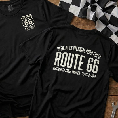 Black t-shirt with Route 66 centennial designs on front and back.