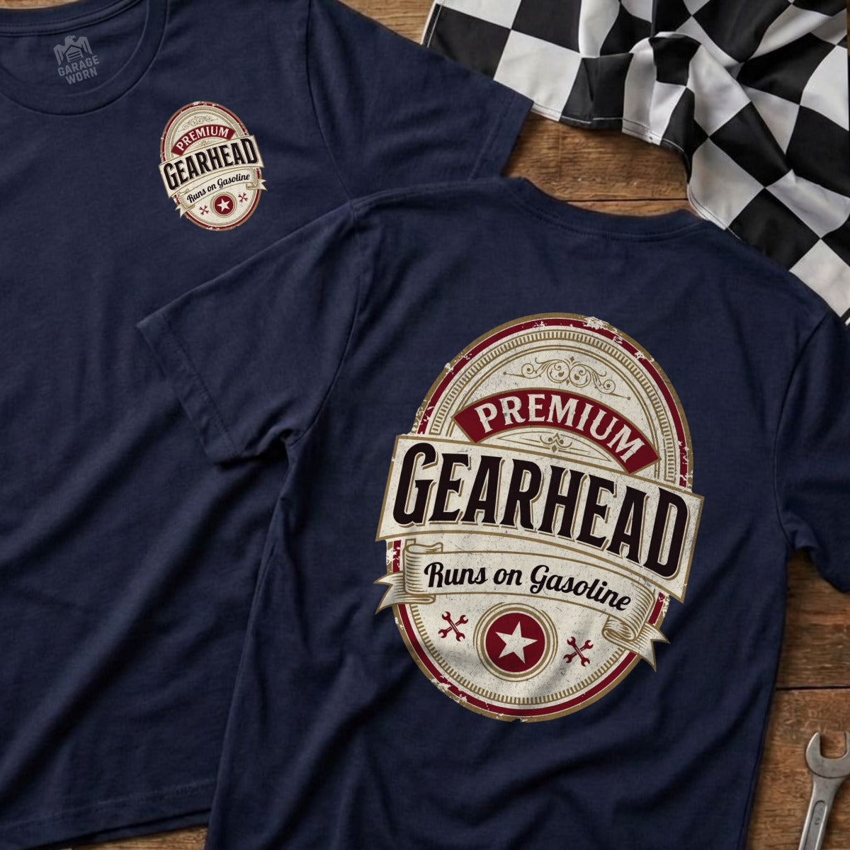 Navy t-shirt with "Premium Gearhead" logo in distressed oval design.