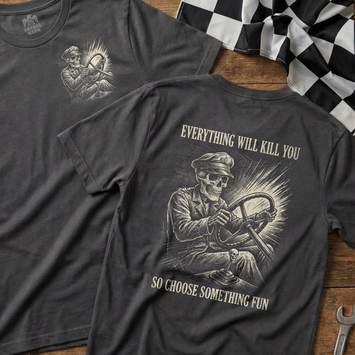 Skeleton driving a car with text "Everything will kill you, so choose something fun."