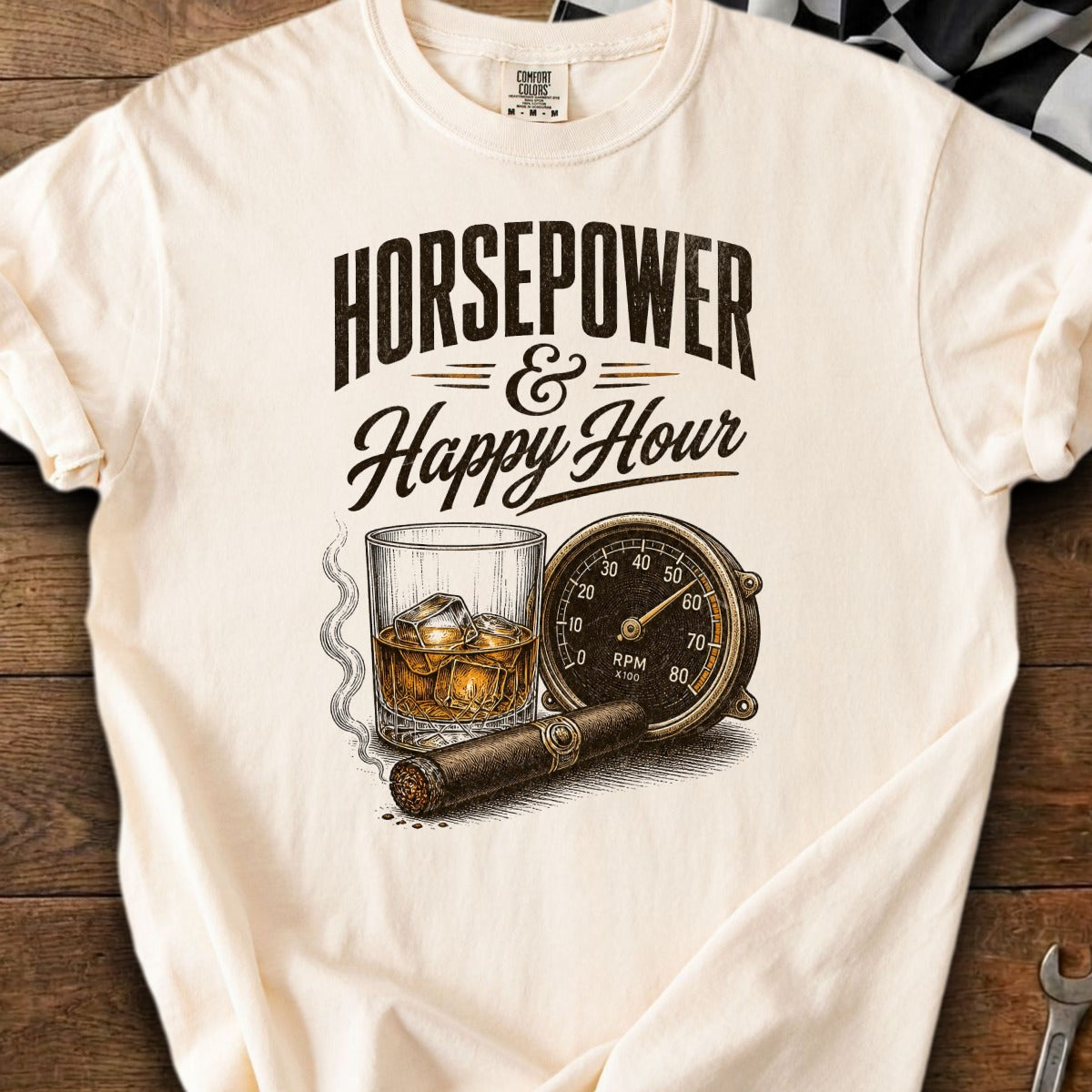 T-shirt graphic with "Horsepower & Happy Hour," cigar, whiskey, and RPM gauge.