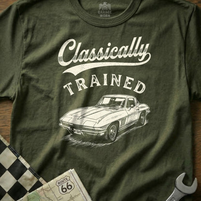 Olive green t-shirt with "Classically TRAINED" and a vintage sports car graphic.