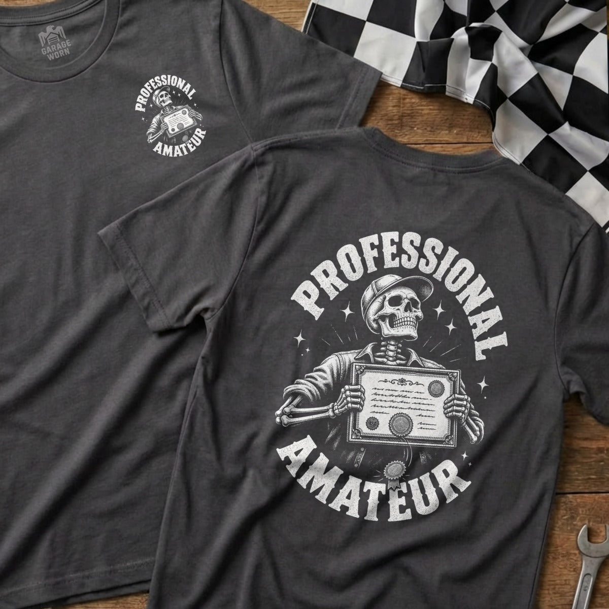 Two t-shirts with skeleton graphic holding a certificate, "Professional Amateur" text.