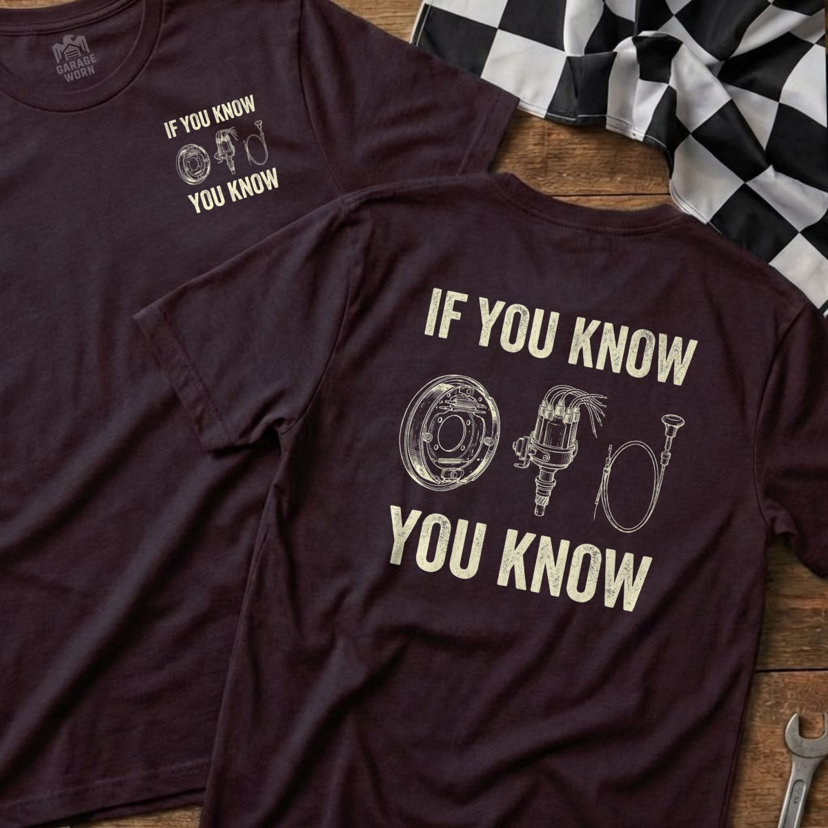 T-shirt with "IF YOU KNOW YOU KNOW" and automotive part illustrations.