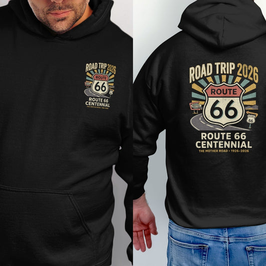 Black hoodie with Route 66 Centennial graphic, "Road Trip 2026" and "The Mother Road 1926-2026".