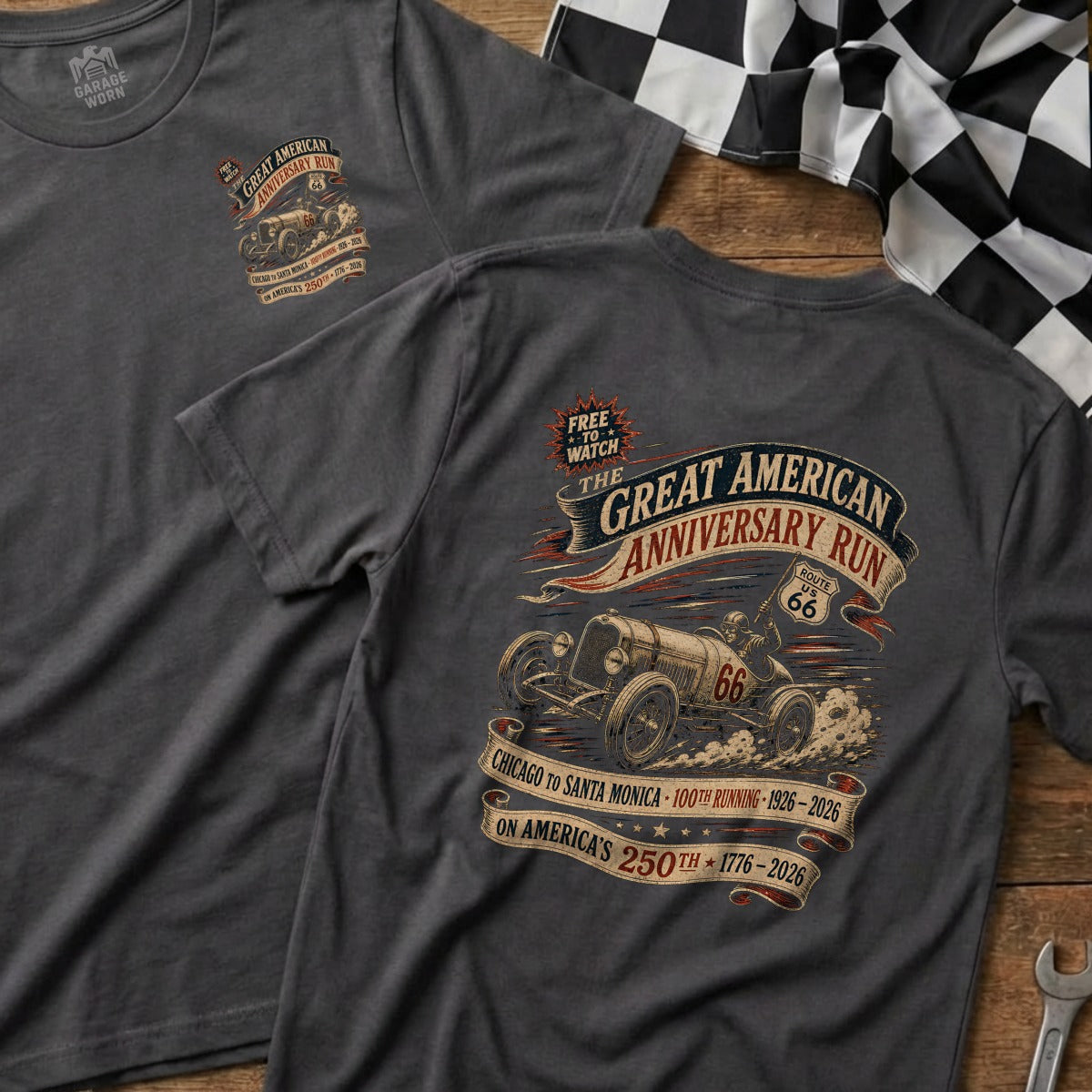 Great American Anniversary Run t-shirt with vintage car and Route 66 graphic.