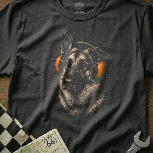 German Shepherd wearing orange headphones, with Route 66 map and wrench.