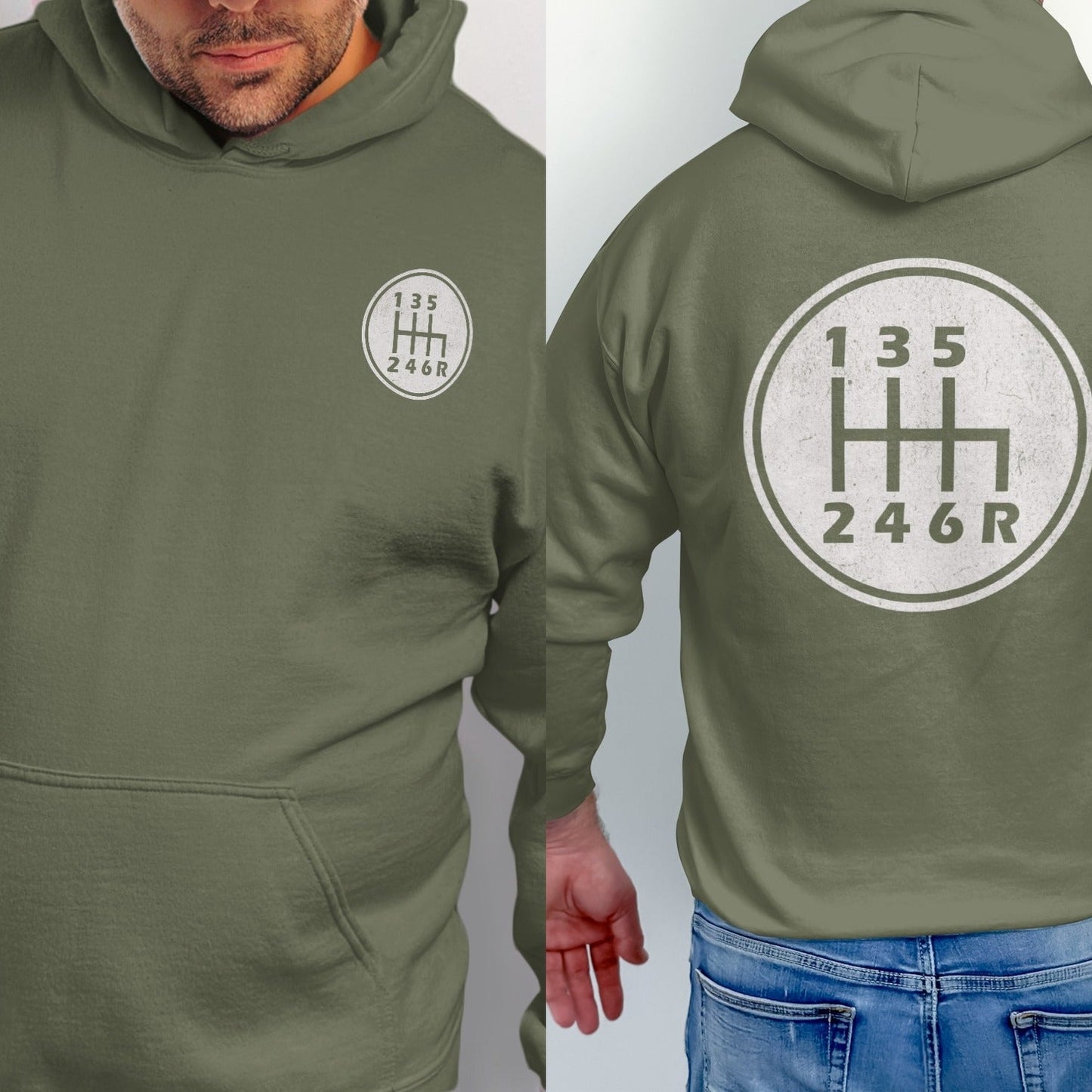 Green hoodie with a white gear shift pattern design on the chest and back.