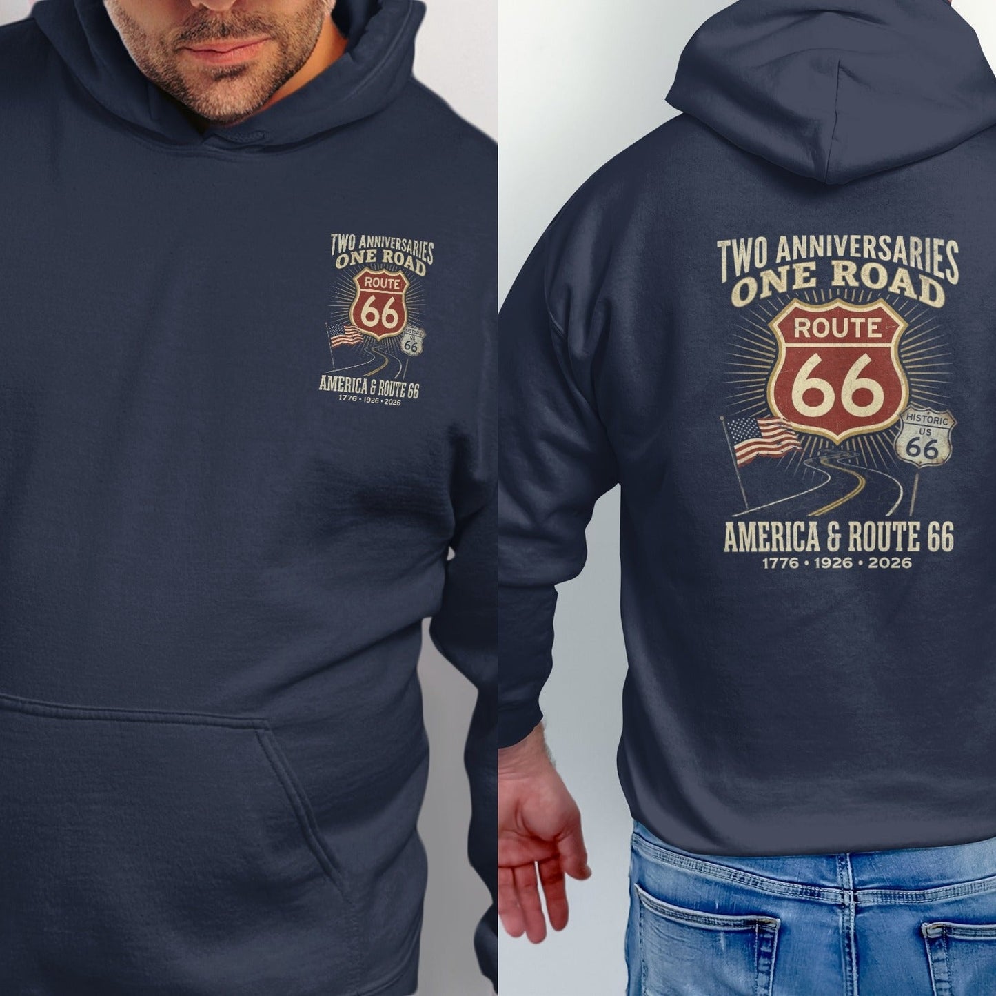 Navy hoodie with Route 66 graphic: "Two Anniversaries One Road"