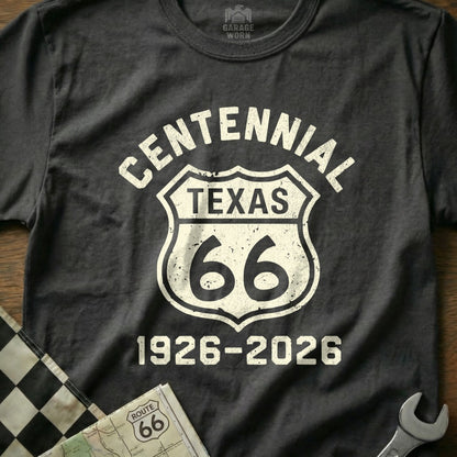 Dark t-shirt with Route 66 Centennial Texas 1926-2026 graphic.