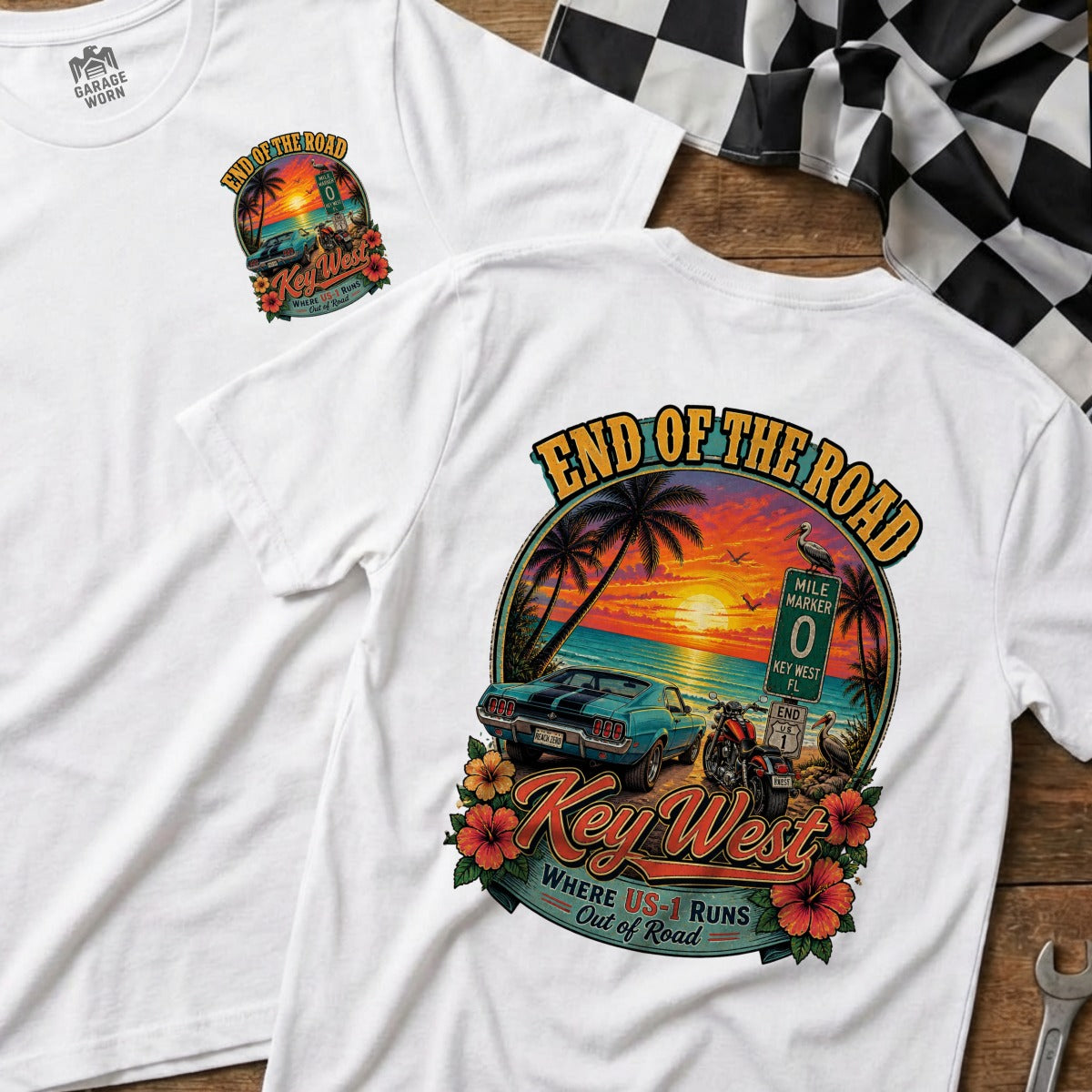 White t-shirt with "End of the Road Key West" sunset graphic, car, and motorcycle.