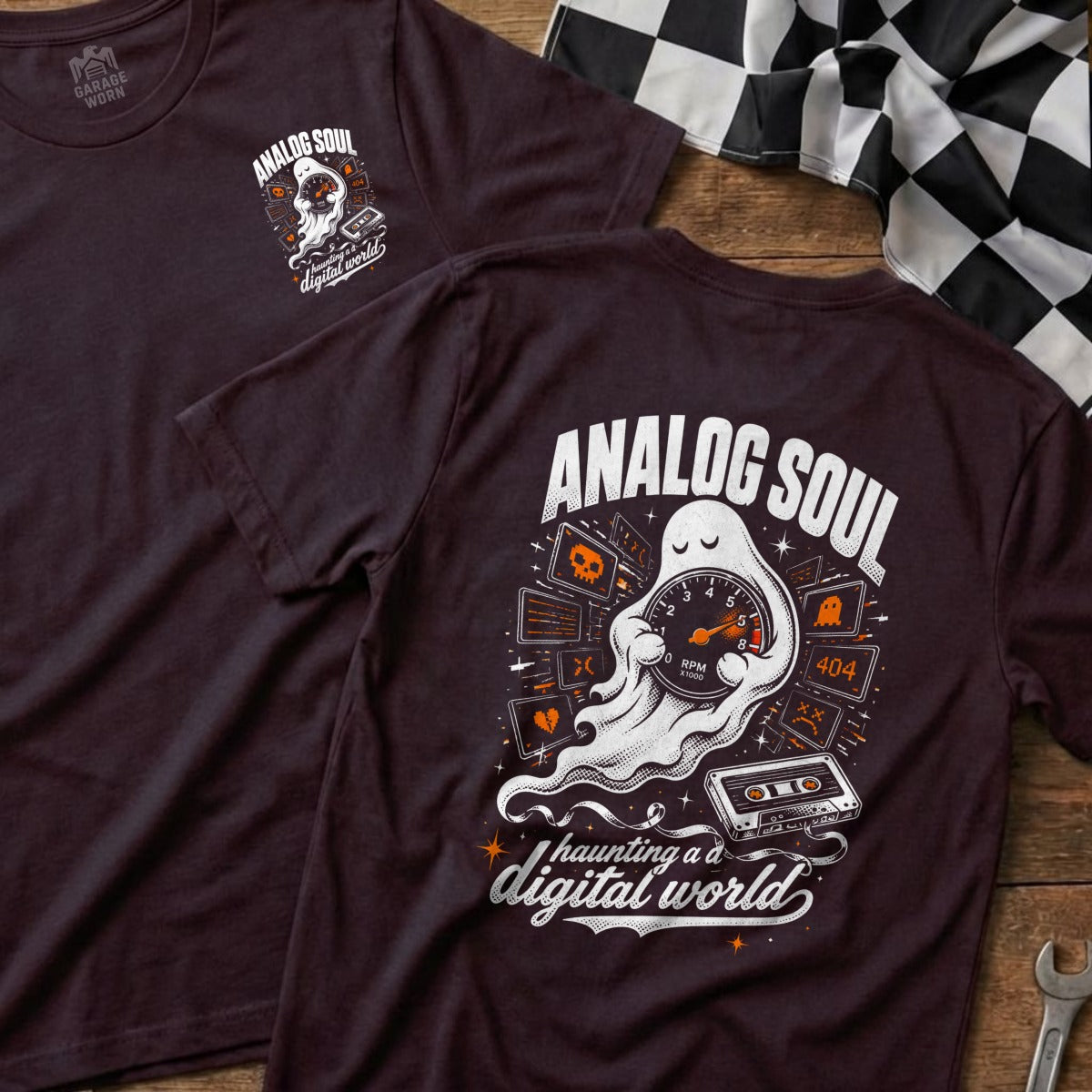 T-shirt with "Analog Soul Haunting a Digital World" graphic featuring a ghost and cassette tape.