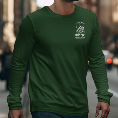 Green long sleeve shirt with "THE HOLY TRINITY" graphical text on chest.