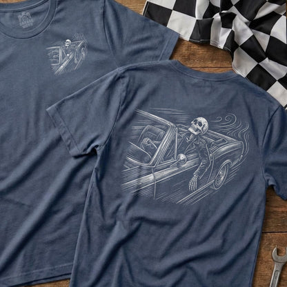 T-shirt with a skeleton driving a classic car, "Garage Grown" logo.