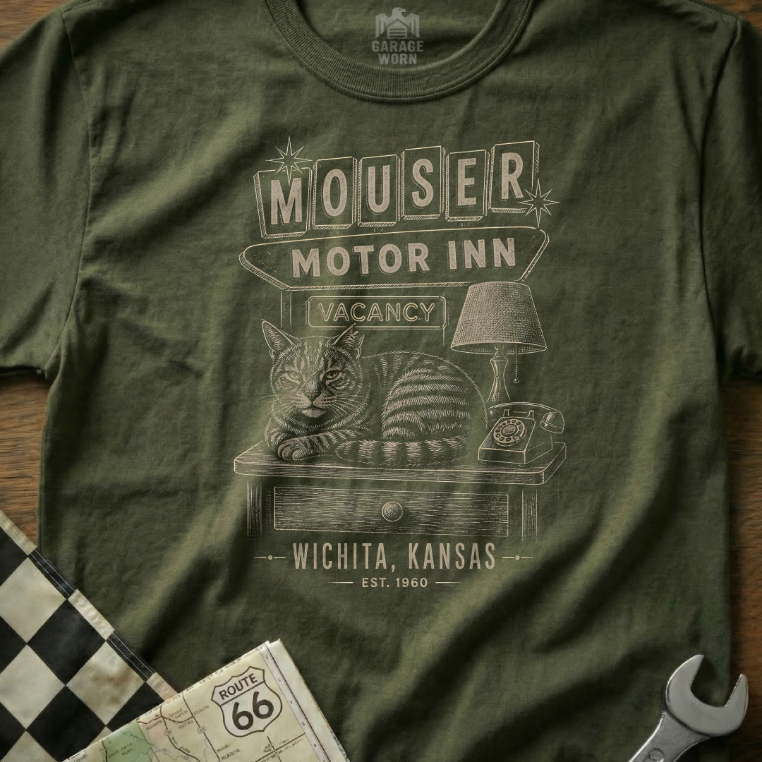T-shirt with "Mouser Motor Inn" vintage sign, cat, and "Wichita, Kansas" text.