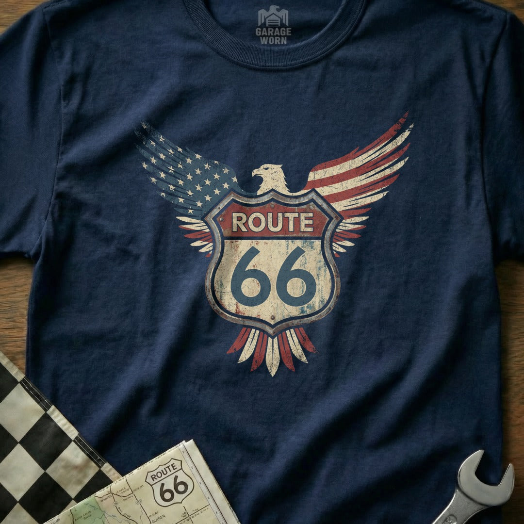 Navy t-shirt with Route 66 shield logo featuring an eagle and distressed American flag wings.