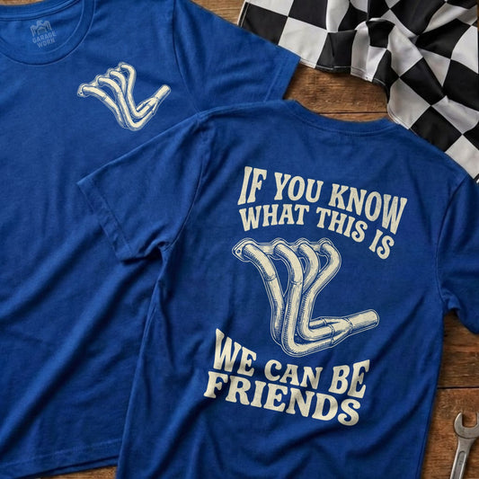 Blue t-shirt with exhaust manifold graphic and text.