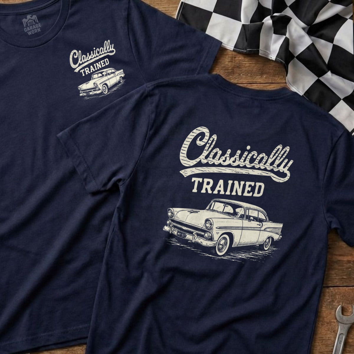 Navy t-shirts with "Classically Trained" text and classic car graphic.