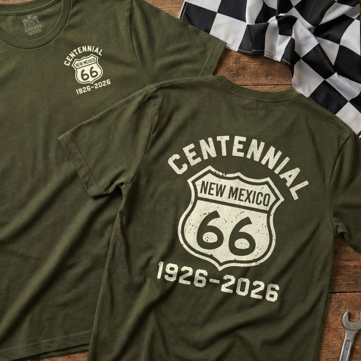 Green t-shirts with Route 66 Centennial logo: "New Mexico 1926-2026".