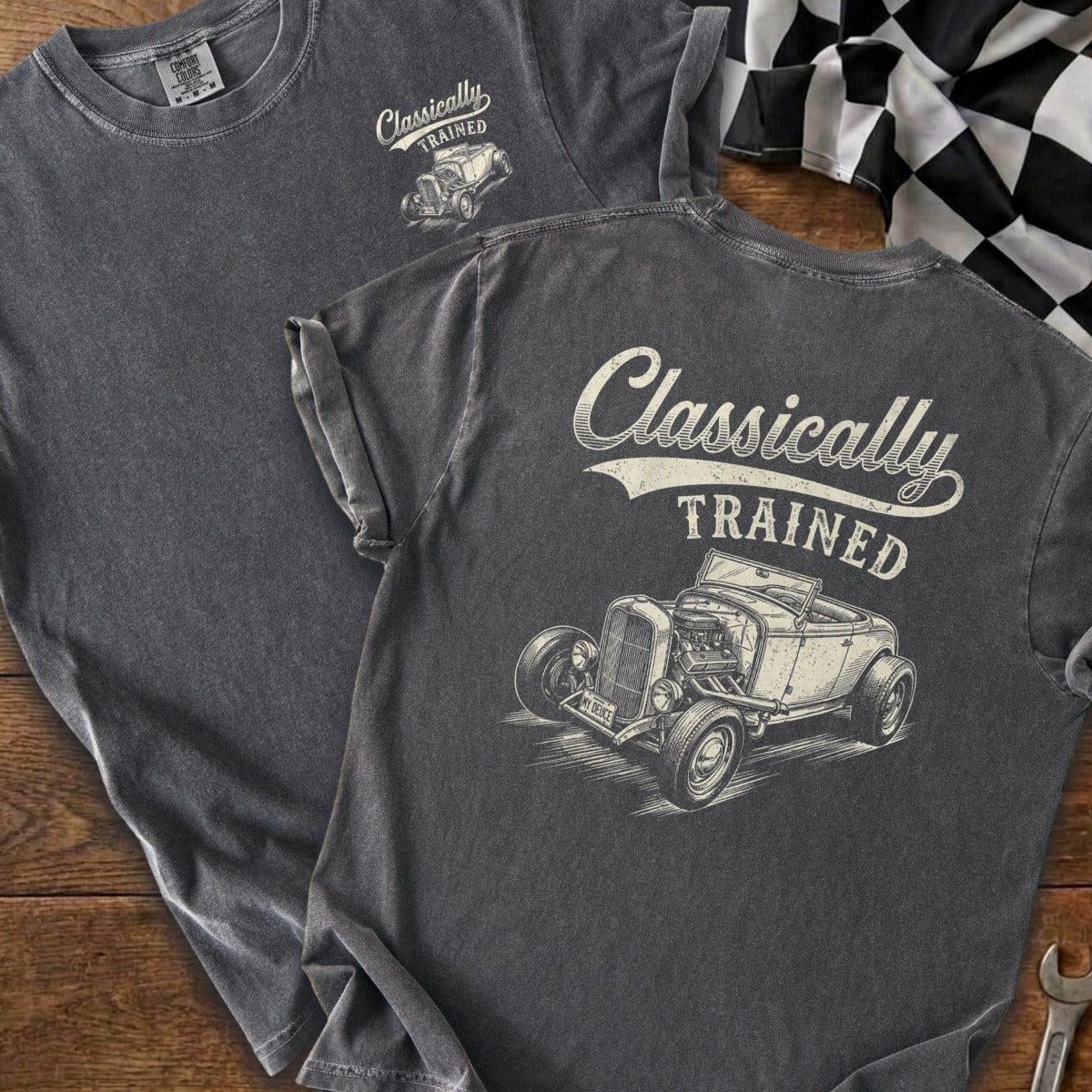 T-shirt with "Classically TRAINED" text and a vintage hot rod illustration.
