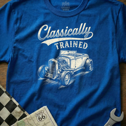 Blue t-shirt with "Classically Trained" text and classic hot rod illustration.