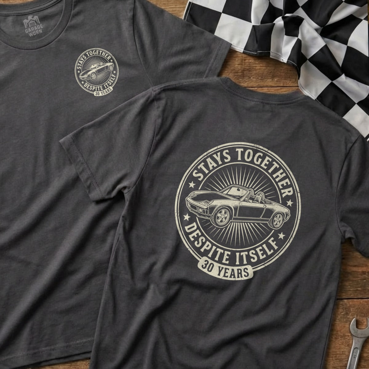T-shirt with "Stays Together Despite Itself" and "30 Years" text.