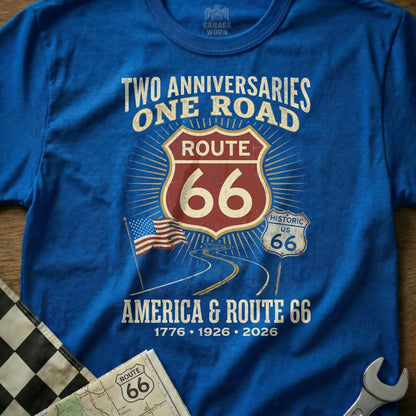 Blue t-shirt with Route 66 graphic celebrating anniversaries 1776-1926-2026.