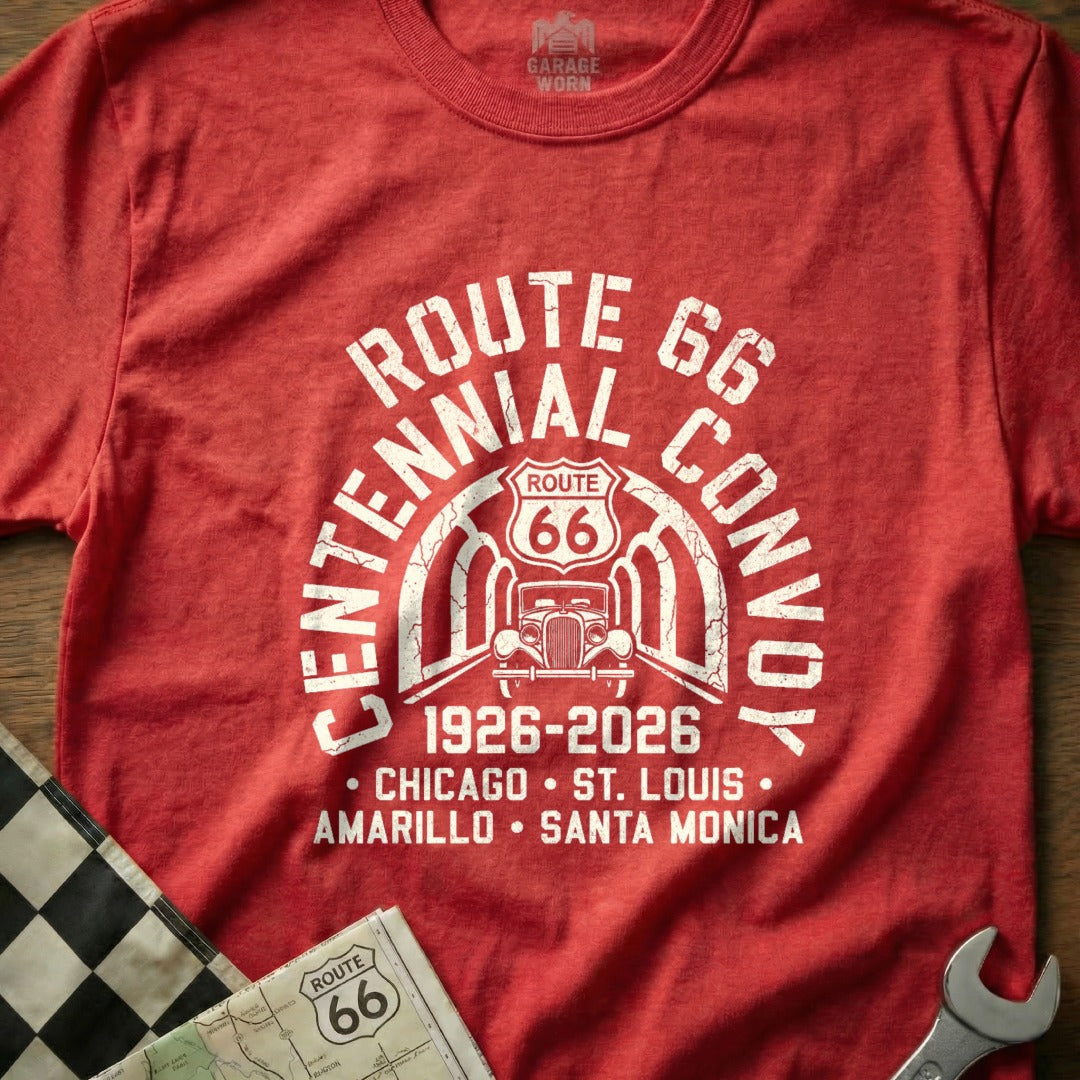Red t-shirt with "Centennial Route 66 Convoy" graphic, 1926-2026 dates.