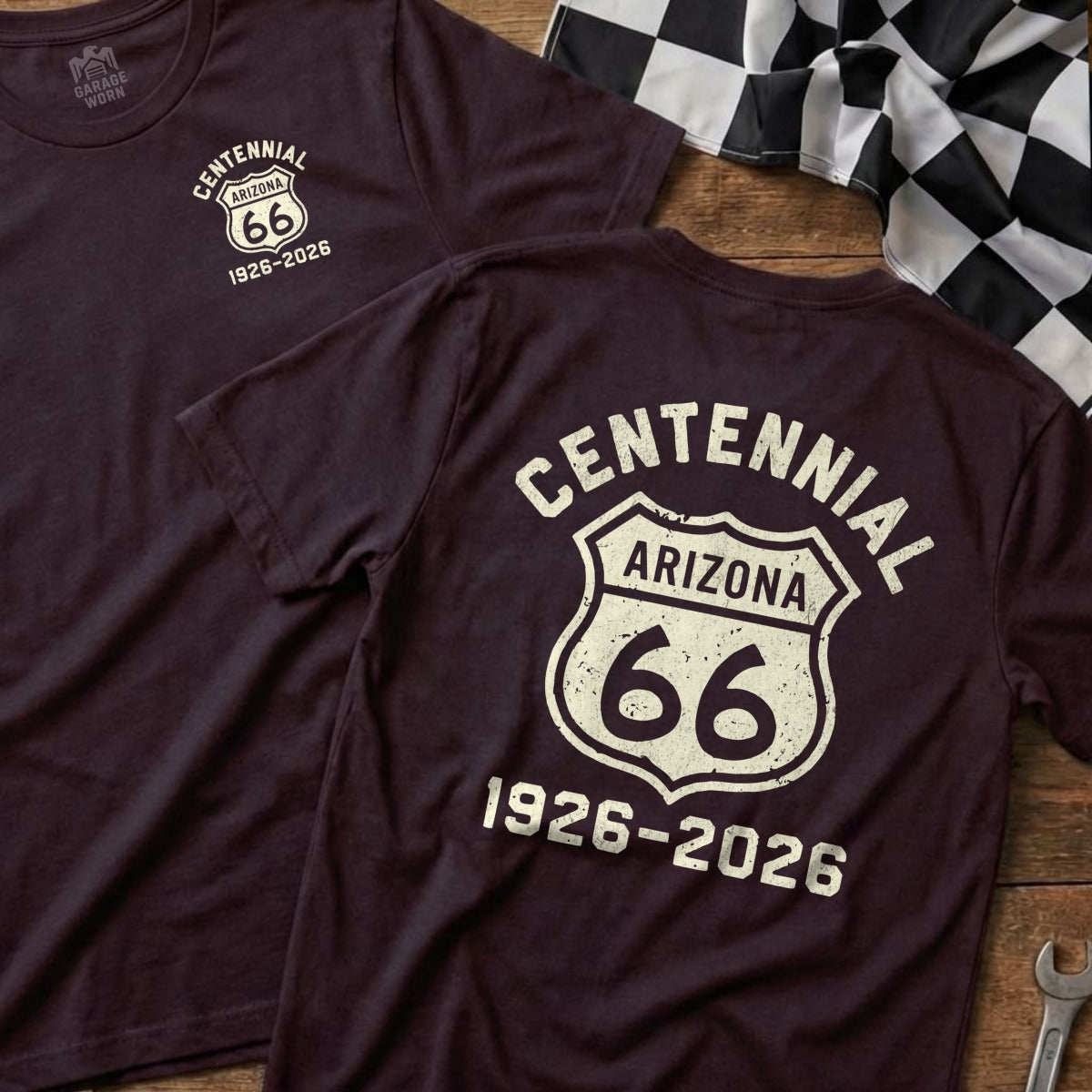 Two dark t-shirts with "Centennial Arizona 66 1926-2026" on the back.