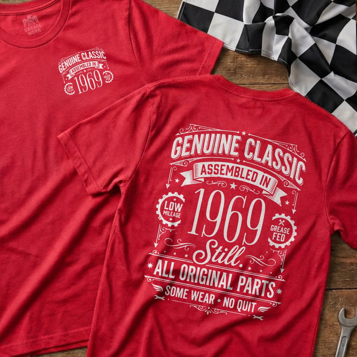 Red t-shirts with "Genuine Classic 1969" text, one showing front, other showing back.