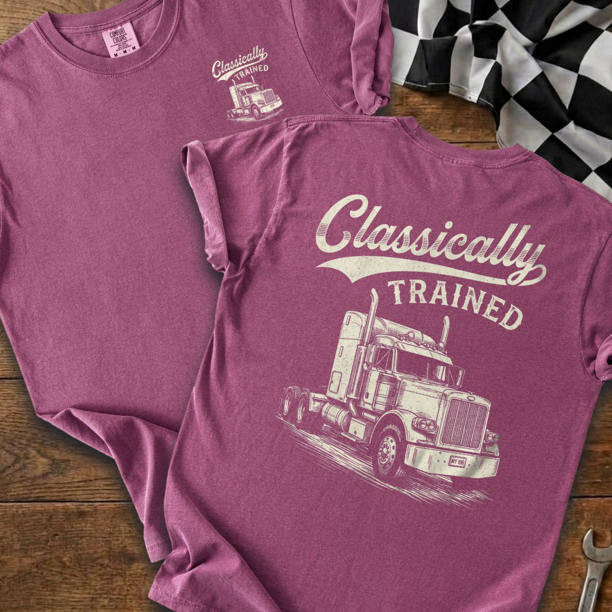 Fuchsia t-shirt with "Classically TRAINED" and a vintage semi-truck graphic.