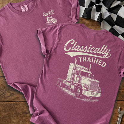 Fuchsia t-shirt with "Classically TRAINED" and a vintage semi-truck graphic.