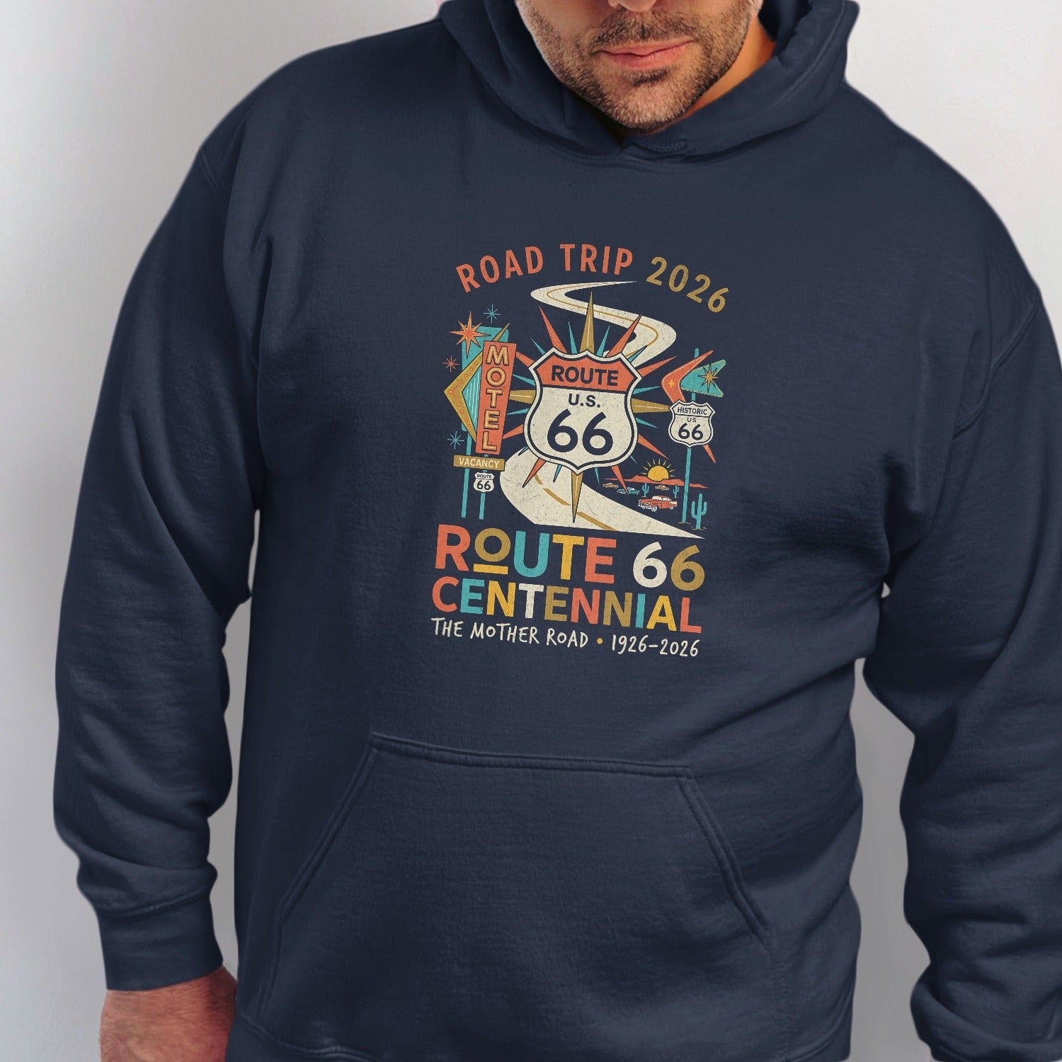 Navy hoodie featuring Route 66 Centennial graphic with motel and desert imagery.