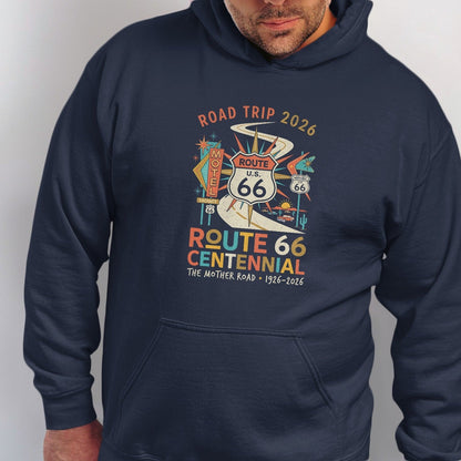 Navy hoodie featuring Route 66 Centennial graphic with motel and desert imagery.